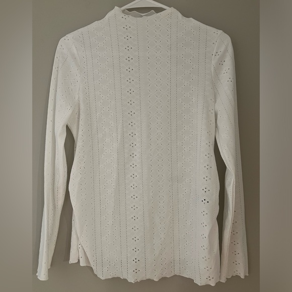 Maternity Medium Mock Neck Lettuce Trim Pointelle Knit Shirt Long Sleeve Shirts - Picture 6 of 9